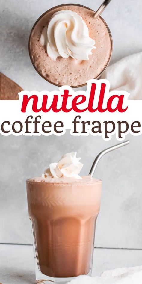 If you love Nutella in coffee, try this easy Nutella frappe recipe. A refreshing cold coffee drink with a delicious chocolatey flavor, it's way better than a Starbucks nutella frappuccino | Homemade Nutella coffee frappe | Mocha coffee drinks Nutella Frappuccino Recipe, Nutella Coffee Drink, Simple Frappe Recipe, Make Frappuccino At Home, Nutella Drink Recipes, Coffee Frappe Recipe Homemade, Nutella Frappe Recipe, Nutella Coffee Recipes, Nutella Cappuccino