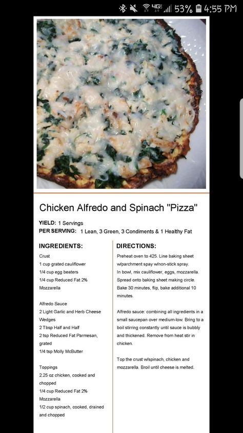 Lean Dinners, Green Pizza, Chicken Alfredo Pizza, Golo Recipes, Spinach Pizza, Lean Protein Meals, Lean Meals, Veggie Pizza, Lean And Green Meals