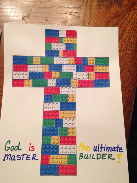 Create a cross Christian Lego Ideas, Concrete And Cranes Vbs Crafts, Construction Vbs Crafts, Lego Vbs Decorations, Lego Bible Lessons, Lego Cross, Lego Vbs, Lego Bible, Sunday School Themes