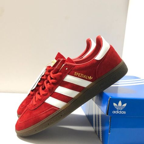 Adidas Handball Spezial Retro Red White Women's Sneakers Gum Sole Men's Shoes Red And White Adidas Shoes, Red Spezial Adidas, Adidas Spezial Red, Addias Shoes, Red Adidas Shoes, Adidas Spezials, Adidas White Shoes, Adidas Handball Spezial, Adidas Handball