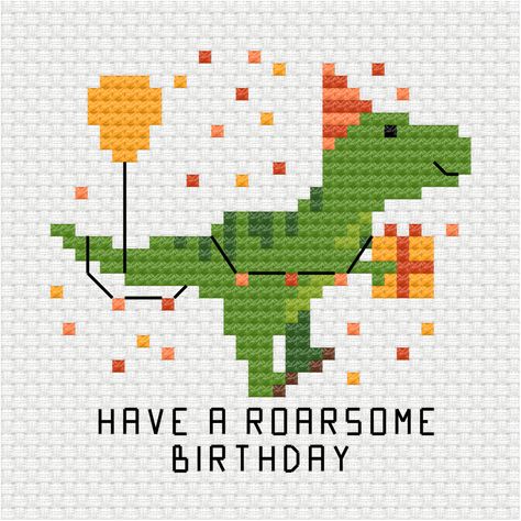 This festive happy birthday T-rex that is the latest addition to the birthday cross stitch pdf pattern series I am building up for my patrons. Have a roarsome birthday cross stitch pdf pattern - Ringcat T Rex Cross Stitch Pattern, Happy Birthday Cross Stitch Pattern Free, Happy Birthday Cross Stitch Cards, Cross Stitch Happy Birthday, Happy Birthday Cross Stitch Pattern, Cross Stitch Birthday Card Patterns Free, Birthday Cross Stitch Patterns, Happy Birthday Cross Stitch, Angry Stitch