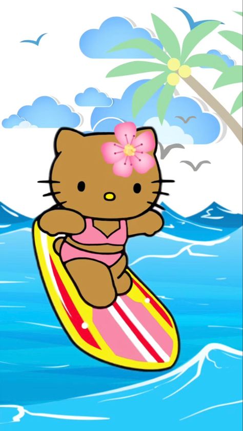 Sanrio aesthetic/ kawaii/ coconut girl Tan Hello Kitty Wallpaper, Hello Kitty Surfing, Kawaii Coconut, Sanrio Summer, Hello Kitty Summer, Sanrio Aesthetic, Wallpaper Ocean, Hello Kitty Birthday Party, Iphone Wallpaper Classy