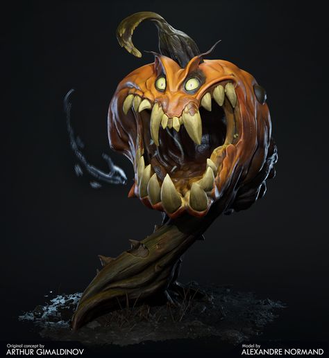 Creepy Pumpkin, by Alexandre Normand https://www.artstation.com/artwork/gxVNL #SubstanceDesigner #SubstancePainter Monster Pumpkin, Veselý Halloween, Pumpkin Monster, Monster Movie, Evil Pumpkin, Masque Halloween, Creepy Pumpkin, Crafts Preschool, Monster Face