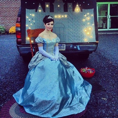 Cinderella Trunk: Fantastic idea for any princess lovers. Source: Instagram user gypsysoul_74 Cinderella Trunk Or Treat Ideas For Cars, Cinderella Castle Trunk Or Treat, Disney Princess Trunk, Trunk Or Treat Cinderella, Cinderella Trunk Or Treat, Castle Trunk Or Treat, Frozen Halloween Trunk Or Treat, Cinderella’s Carriage Pumpkin, Big Pumpkin