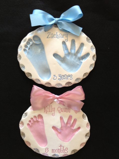 Siblings Zachary and Kelly both with their individual Hand and Footprint Keepsake! Baby Clay Footprint Art, Air Dry Clay Baby Hand Prints, Baby Feet Plate Foot Prints, Newborn Clay Footprint, Baby Footsteps Canvas, Sibling Art, Dough Crafts, Baby Handprint Crafts, Salt Dough Crafts