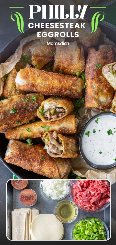 Philly Cheesecake Eggrolls, Philly Egg Roll Recipes, Egg Roll Appetizers For Party, Philly Cheese Egg Rolls Recipe, Italian Beef Egg Rolls, Philly Steak Egg Rolls, Baked Egg Rolls Recipe, Non Traditional Egg Rolls, Eggroll Appetizers