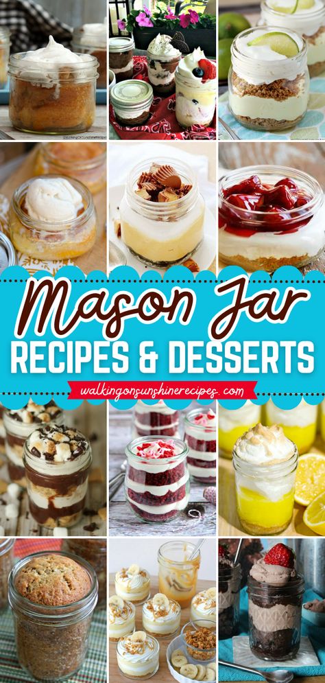 Your desserts to make at home must have these mason jar recipes! Not only are these sweet food cute and delicious, but they are also fun and easy to serve on special occasions. Everyone will enjoy these desserts in a jar like cakes, cheesecakes, cupcakes, and more! Baking In Mason Jars Recipes, Brownie Batter Cheesecake In A Jar, Jar Cake Ideas Dessert Recipes, Pies In A Jar Recipes, Desserts In Mini Mason Jars, Mason Jar Christmas Desserts, Glass Jar Recipes, Mason Jar Deserts No Bake, Mason Jar Pies Recipes