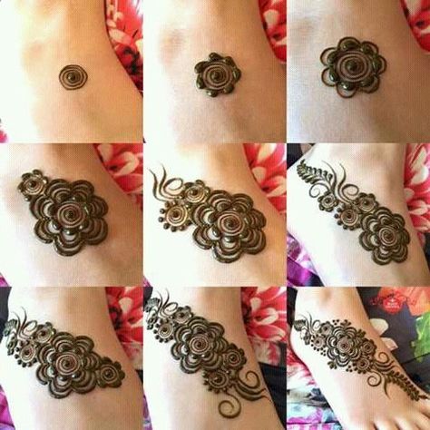 Beautiful step by step foot henna design  From mehndidesignideas.net Henna Basic, Mehndi Designs Finger, Henna Hand Designs, Henna Flower Designs, Henne Tattoo, Easy Henna Designs, Henna Flower, Henna Tutorial, Floral Henna Designs