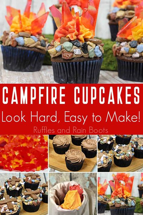 Wow! These campfire cupcakes are so easy! I had no idea making camping cupcakes would be so simple. Click here to see how to make these easy summer cupcakes. #summercupcakes #campingcupcakes #campfirecupcakes #rufflesandrainboots Camping Cupcakes, Camp Cupcakes, Fire Cupcakes, Campfire Cupcakes, Hot Pink Cupcakes, Jolly Ranchers Candy, Summer Cupcakes, Cupcake Decorating Tips, Orange Frosting