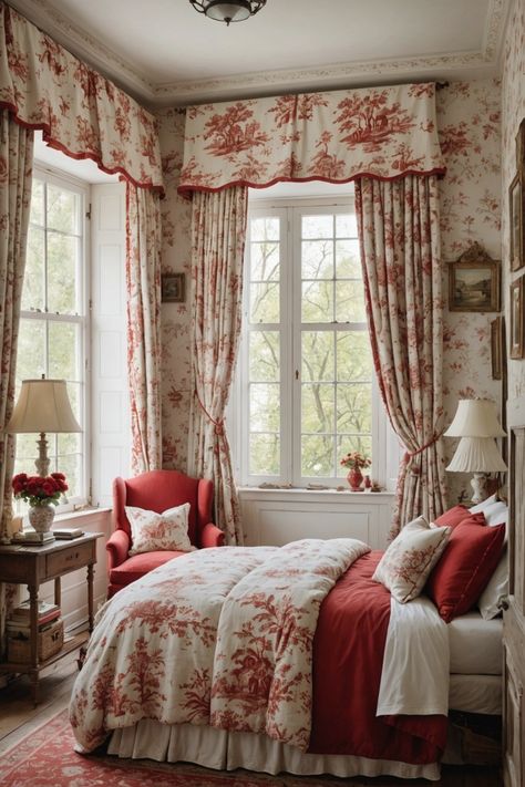 French Country Cottage Bedroom Ideas, Red Toile Bedroom, French Country Cottage Bedroom, New Classic Bedroom, English Country Decor Living Room, French Country Curtains, Cottage Rooms, Charles Faudree, Country Cottage Bedroom