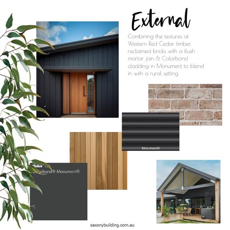 Material Board Architecture Exterior, Exterior Design Mood Board, Exterior Facade Mood Board, Design Statement Architecture Board, Paperbark Colorbond Colour Schemes, Exterior Mood Board, Modern Rustic Material Board, Hinterland House, Style Sourcebook