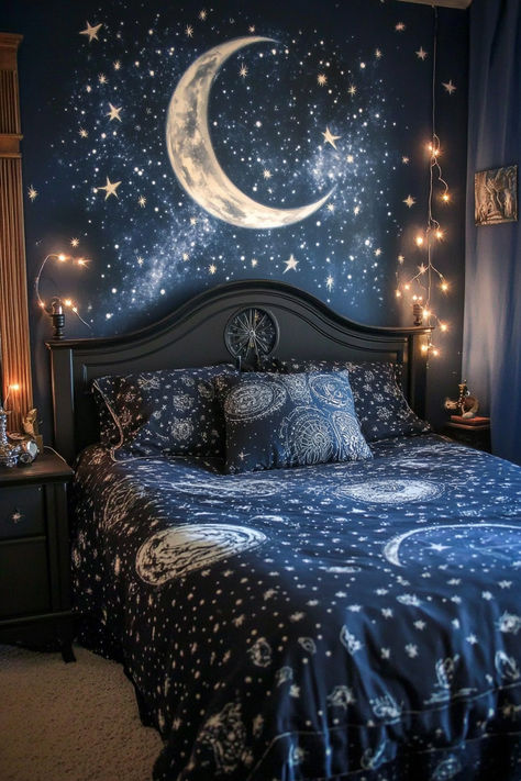 Transform your bedroom into a mystical haven with these 30+ witchy ideas. Blend magic and modern style with enchanting decor, from moon-themed accents to crystal displays. Create your own magical retreat! 🌟🔮 #WitchyBedroom #MagicalDecor #ModernWitch #HomeStyle Witchy Bedroom Aesthetic, Witchy Bedroom Ideas, Witchy Ideas, Witchy Bedroom, Magical Bedroom, Bedroom 2024, Magical Decor, Fantasy Bedroom, Fantasy Rooms