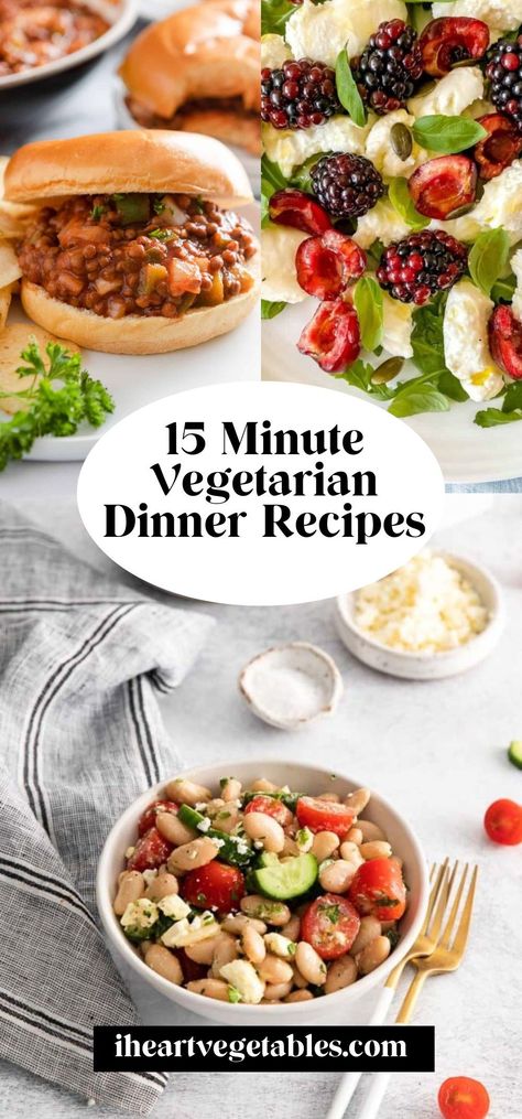 No time to cook? Try one of these 15 minute vegetarian dinner recipes! These ideas are perfect when you’re short on time but you want to enjoy a delicious, healthy meal! Quick Dinners Vegetarian, 20 Minute Vegetarian Meals, One Pan Meals Vegetarian, Vegetarian Recipes Beginner, 15 Minute Vegetarian Meals, Vegetarian Meal Train Ideas, Easy No Meat Meals, Fun Vegetarian Recipes, Quick And Easy Dinner Recipes Vegetarian