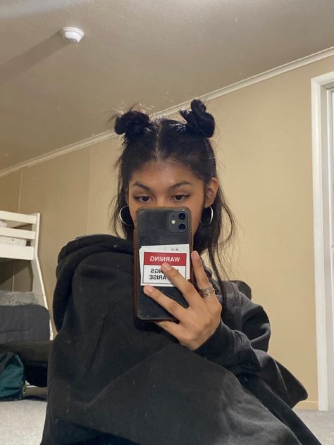 Space Bun Aesthetic, Loose Space Buns, Asian Space Buns, Space Bins Short Hair, Half Up Half Down Hair Space Buns, Space Buns With Curtain Bangs, Space Buns Short Hair Half Up, Space Bun Hairstyles Half Up, Cute Hairstyles Space Buns