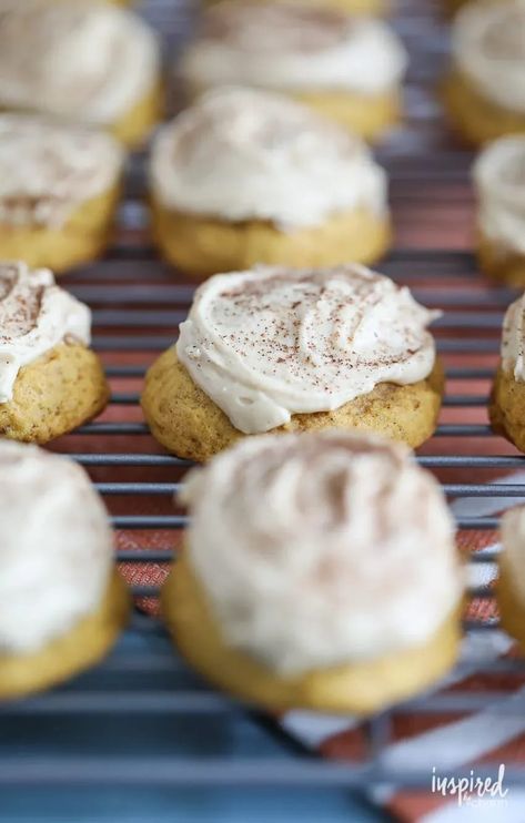 These Frosted Pumpkin Cookies are the perfect fall dessert recipe! #fallbaking #pumpkinspice #latte #cookie #cookies #dessert #pumpkin Spice Desserts, Espresso Frosting, Frosted Pumpkin Cookies, Pumpkin Spice Desserts, Latte Cookie, Dessert Pumpkin, Soft Pumpkin Cookies, Fall Cookie Recipes, Pumpkin Cookie