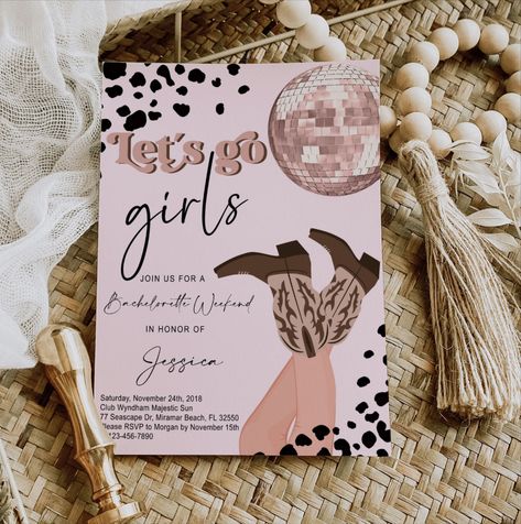 Bachelorette Invitation with Back, Lte's go girl, Cowgirl, Rodeo, Retro, disco, Itinerary, Digital Birthday 28, Rodeo Girls, Bachelorette Invitation, 33rd Birthday, Bachelorette Ideas, Retro Disco, Cowgirl Rodeo, Bachelorette Invitations, Cowgirl Party