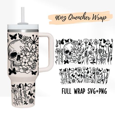 2 Designs 40oz Quencher Stanley Full Wrap Tumbler Half Skull Wild Floral with Butterfly Svg, Hallween Skull SVG 40 oz Cricut Template PNG Stanley Cup Wrap Svg, Stanley Cricut Designs, Tumbler Wraps Sublimation, Cricut Template, Stanley Adventure Quencher, Inspirational Tumbler, Half Skull, Trendy Water Bottles, Stanley Adventure