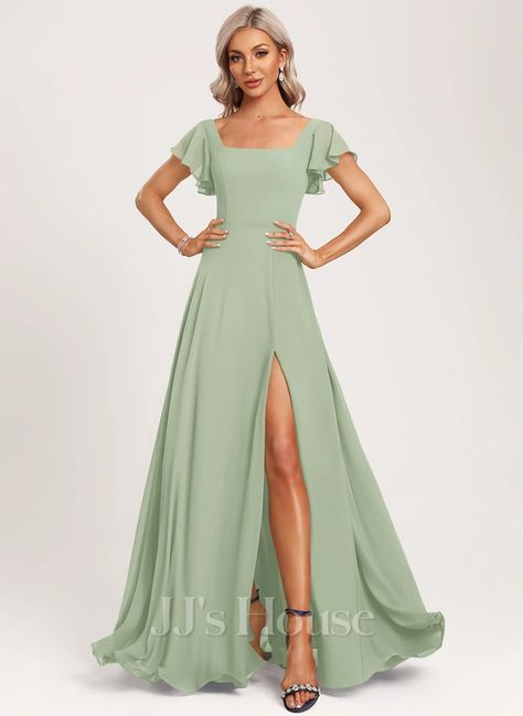 A-line Square Floor-Length Chiffon Bridesmaid Dress With Ruffle (007279248) Light Green Bridesmaid Dresses, Fairy Tail Wedding, Chic Bridesmaid Dresses, Sage Bridesmaid Dresses, Wedding Guest Gowns, Light Green Dress, Sage Green Bridesmaid Dress, Sage Green Dress, Bridesmaid Dresses With Sleeves