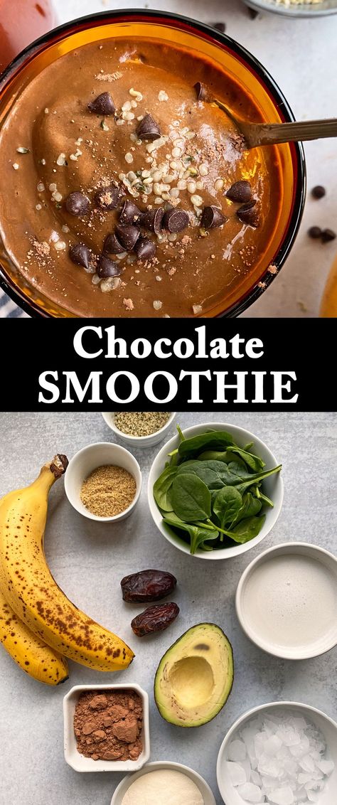 This avocado chocolate smoothie is thick, refreshing and healthy. It's made with ripe avocado, fresh spinach, unsweetened cocoa powder, banana and dates. This healthy chocolate smoothie recipe is a great way to sneak in veggies at breakfast, snack time or for dessert! #smoothierecipe #avocado #chocolatesmoothie #paleodiet #veganrecipes #whole30 Chocolate Veggie Smoothie, Avocado And Cocoa Powder, Banana Cocoa Smoothie, Cocoa Powder Smoothie Healthy, Spinach Chocolate Smoothie, Healthy Chocolate Banana Smoothie, Vegan Chocolate Smoothie, Cocoa Smoothie Recipes, Dates In Smoothies