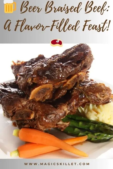 Slow cooker beer-braised beef short ribs recipe. Beer-braised ribs with vegetables and spicy sauce cooked in a slow cooker. #slowcooker #crockpot #beef #ribs #dinner #homemade Crockpot Beef Ribs, Braised Beef Ribs, Braised Beef Short Ribs Recipe, Braised Ribs, Beer Braised Short Ribs, Beer Braised Beef, Beef Short Ribs Recipe, Beef Short Rib Recipes, Dinner Homemade