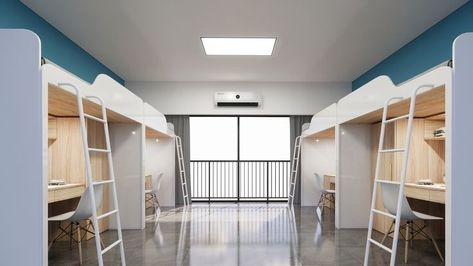 Boarding School Dorm, Bunk Room Ideas, Sleep Box, Student Residence, Student Hostel, Sour Orange, School Building Design, Dormitory Room, Dorm Design