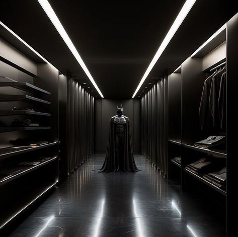 Batman Mansion, Batcave Room, Masculine Luxury, Dark Masculine, Luxury Room Design, Batman Bedroom, Black Bedroom Design, Cool Room Designs, Gear Storage