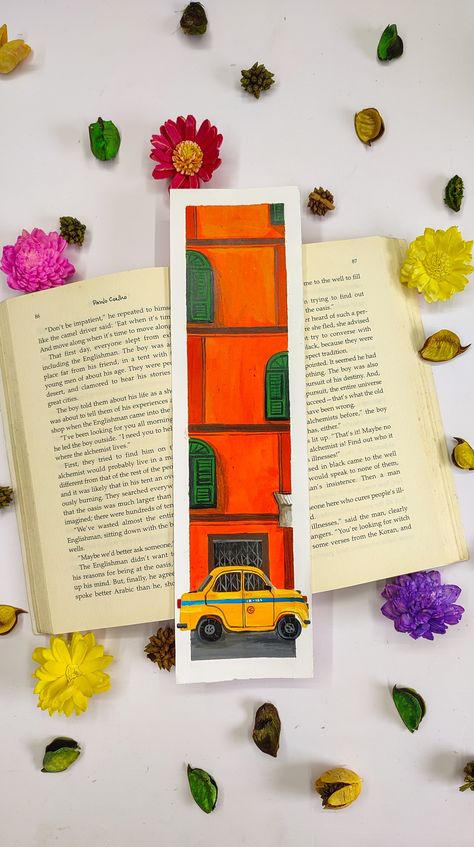 #kolkata #yellowtaxi #illustration #diybookmark #acrylicbookmark #bookmarkpainting Kolkata Taxi Illustration, Card Painting Ideas Acrylic, Book Marks Painting, Kolkata Illustration, Kolkata Art, Bookmark Acrylic, Handmade Bookmarks Diy, Yellow Taxi, Creative Bookmarks