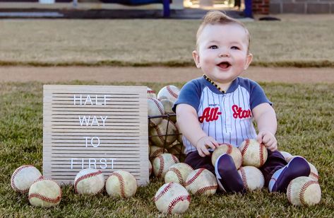 “Half way to first” baseball baby 6 month photography pictures 6 Months Baseball Pictures, 4th Of July 6 Month Baby Pictures, 6 Month Theme Pictures, Baseball Milestone Pictures, 6 Month Milestone Picture Ideas, Boys 6 Month Photo Ideas, Baseball 6 Month Photoshoot, 5 Month Baby Picture Ideas, Baby Baseball Photoshoot