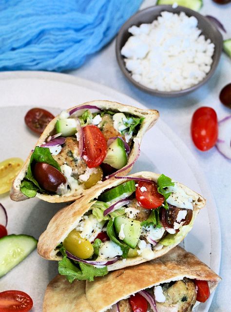 Greek Pita Sandwiches (Quick & Easy!) - Foodie Physician Low Calorie Pita Sandwich, Greek Chicken Meatballs, Pita Sandwich, Greek Pita, Cucumber Yogurt, Baked Falafel, Pita Sandwiches, Chicken Meatball Recipes, Pita Pockets