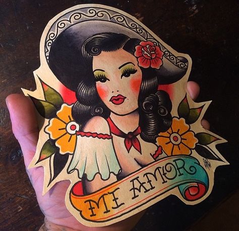 Chicana Traditional Tattoo, Traditional Tattoo Pin Up, Mexico Tattoo, Cowgirl Tattoos, Mexican Tattoo, Pin Up Girl Tattoo, Mexican Art Tattoos, Tattoo Apprenticeship, Virgo Tattoo