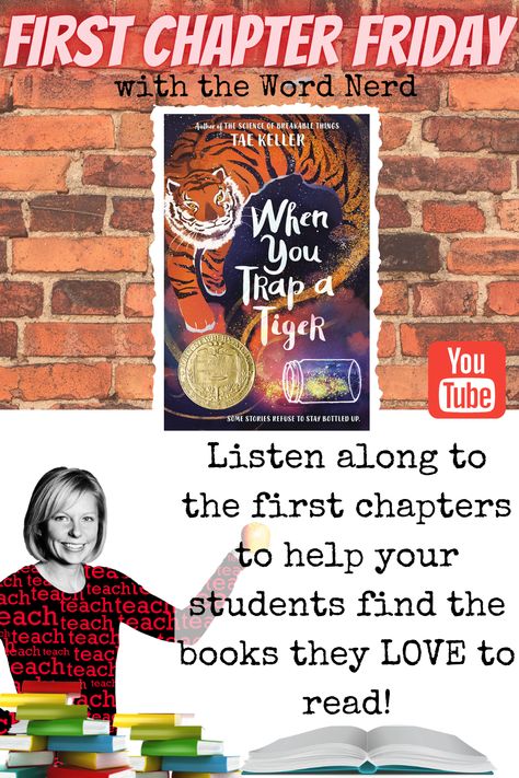 Get book ideas to inspire reading in your Middle School classroom by following along with First Chapter Friday. I focus on books for Middle School Readers as well as Upper Elementary and High School Students. 5th, 6th, 7th and 8th grease students will enjoy listening to the first chapter of “When you Trap A Tiger” on Youtube, read aloud. Expose your students to the Newbery Award for Children’s Literature with this novel. When You Trap A Tiger Activities, First Chapter Friday, Books For Middle School, Middle School Book List, Middle School English Classroom, Middle School Ela Classroom, Novel Study Units, Middle School Books, Time Lessons