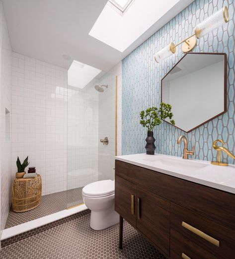 Moor Design | Mid Century Modern Bathroom - Midcentury - Bathroom - Vancouver - by Moor Design - Vancouver Interior Design | Houzz Small Washroom Design Space Saving, Palm Springs Bathroom, Modern Mid Century Bathroom, Small Washroom Design, Guest House Bathroom, Blue Tile Wall, Cottage Bathroom Ideas, Modern Small Bathrooms, Mid Century Modern Bathroom