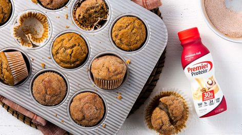 Cinnamon Banana Bread Muffins | Premier Protein Banana Bread Muffins Recipe, Bread Muffins Recipe, Premier Protein Recipes, Banana Bread Muffin Recipe, Bypass Recipes, Cinnamon Banana Bread, Premier Protein Shakes, Protein Powder Shakes, Protein Recipe