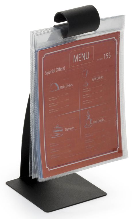 This flip pocket menu stand can be placed on any tabletop and offers a stylish way to present specials, events, and promotions for your restaurant. With its sleek and slender design, yet durable makeup from the stainless steel construction, the placement options are limitless because these display holders are more than capable of withstanding the brunt of a rowdy weekend. Coming with (10) 5 x 7 vinyl sheets, the multi pocket menu stand is a timeless fad in the restaurant industry for tabletop p Menu Project, Hotel Menu, Menu Stand, Promotion Design, Menu Holders, Logo Style, Promotional Design, Restaurant Supplies, Vinyl Sheets