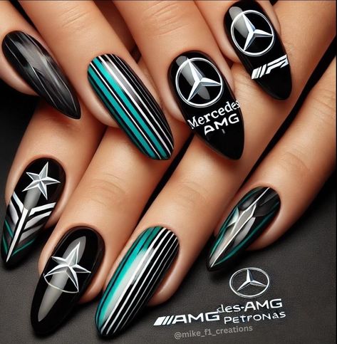 F1 Nails Designs, F1 Nail Art, Formula 1 Nails, Mercedes Nails, F1 Nails, Racing Nails, Mercedes Logo, Finger Nails, Car Themes