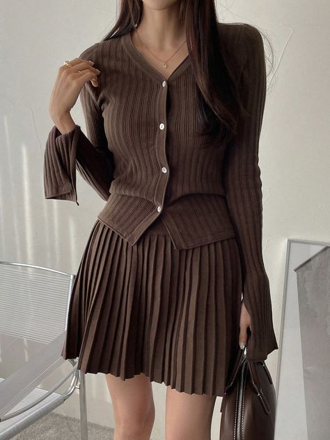 DAZY Women's Knitted Cardigan And Sweater Pleated Skirt Two-piece SetI discovered amazing products on SHEIN.com, come check them out! Cafe Outfit, Knitting Women Cardigan, Knitted Cardigan, Winter Looks, Amazing Products, Pleated Skirt, Knit Cardigan, Lookbook, Two Piece