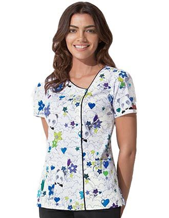 Uniquely styled scrub in Amanda Panda print with asymmetrical neckline with piping detail along the neck and down the front #Dickies #scrubs Hospital Scrubs, Medical Scrubs Fashion, Scrubs Pattern, Fun Scrubs, Stylish Scrubs, Dickies Scrubs, Scrubs Uniform, Panda Print, Nurse Uniform