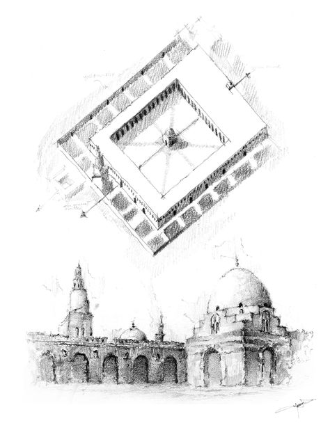 The focal point of Ibn Tulun's capital, al-Qata'i. ibn tulun mosque. Cairo old mosques Badshahi Mosque Drawing, Ibn Tulun Mosque, Mosque Section, Mosque Of Djenne, Great Mosque Of Damascus, Umayyad Mosque, Umayyad Mosque Damascus, Presentation Techniques, Architecture Drawing Plan