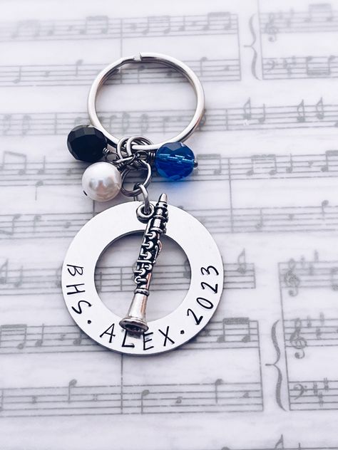 Clarinet Charm Personalized Keychain Gift, Musician, Teacher, Marching Band, Orchestra, Recital, Senior, Grad, Graduation, Music Gifts by Susoodles on Etsy Burgundy And Gold, Music Gifts, Keychain Gift, Marching Band, Personalized Keychain, Split Ring, Key Rings, Graduation Gifts, Hand Stamped