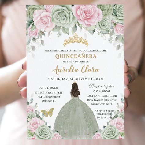 Invitations Quinceanera, Quinceañera Invitation, Lollipop Party, Pink Quince, Quince Invitations, Quince Decorations, Sage Green Dress, Quinceanera Themes, Invitations Diy