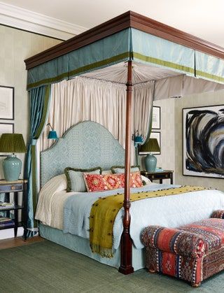 Style File: VSP Interiors Den Inspiration, Stiffkey Blue, Vintage Borders, Ottoman Cover, Bedroom Master, Bed Curtains, Vintage Interiors, Antique Table, Main Bedroom