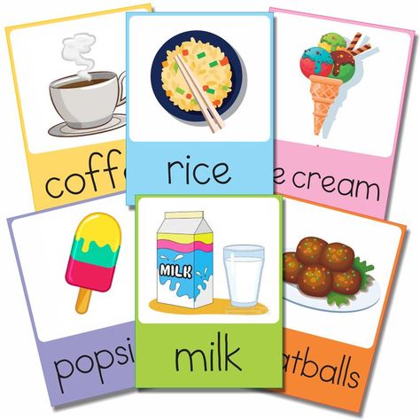 Flashcards Comidas y Bebidas en Inglés para Imprimir en formato pdf para descargar y listo para imprimir, juega con tus alumnos con estos divertidos flashcards para que aprendan las Comidas y Bebidas en Inglés de una manera divertida.😀 Ice Cream Pizza, Popcorn Cake, Colorful Food, Dog Ice Cream, Ham And Eggs, Cookie Pizza, Chocolate Popcorn, Fish And Chicken, Flashcards For Kids