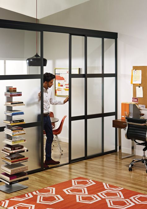 Sliding Glass Room Dividers in Home Office | The Sliding Door Co. Sliding Door Room Dividers, Pintu Interior, Room Divider Headboard, Temporary Room Dividers, Office Room Dividers, Office Dividers, Fabric Room Dividers, Portable Room Dividers, Glass Room Divider