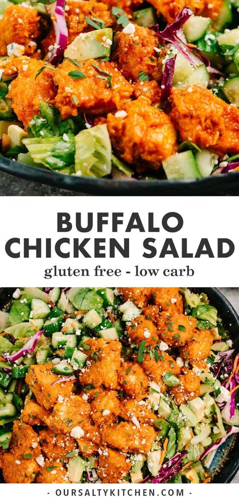 Dinner salad lovers unite! This crave-worthy Buffalo Chicken Salad is the easy, healthy recipe you need in your back pocket to survive the work week. Tender boneless buffalo wings are tossed with a crunch salad base, avocado, and blue cheese for a restaurant quality salad that's so easy to make at home. Naturally gluten free and low carb with a paleo option too! #dinnersalad #buffalochicken #lowcarb #glutenfree #paleo #chicken Buffalo Chicken Tender Salad, Buffalo Chicken Salad Recipe Healthy, Low Carb Buffalo Chicken Salad, Grilled Buffalo Chicken Salad, Crispy Buffalo Chicken Salad, Keto Buffalo Chicken Salad, Buffalo Chicken Salad Healthy, Gluten Free Buffalo Chicken, Healthy Buffalo Chicken Salad