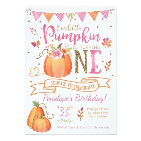 First Birthday Themes Girl, Pumpkin 1st Birthdays, Pumpkin Invitation, Pumpkin First Birthday, 1st Birthday Party For Girls, Autumn Invitations, Olivia Grace, 1st Birthday Party Themes, Pumpkin Birthday