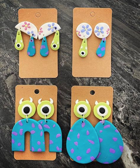 Nerdy Clay Earrings, Clay Disney Earrings, Disney Clay Earrings, Christmas Shoes Diy, Polymer Clay Disney, Pink Waves, Polymer Clay Embroidery, Monster Inc, Diy Earrings Polymer Clay