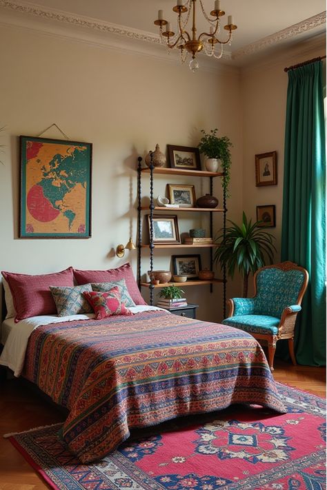 Vibrant maximalist boho bedroom with peacock chair and kilim rug Western Boho Bedroom, Boho Bedroom Ideas, Statement Furniture, Eclectic Bedroom, Free Spirit Style, Boho Bedroom Decor, Whimsical Decor, Bedroom Boho, Pattern Play