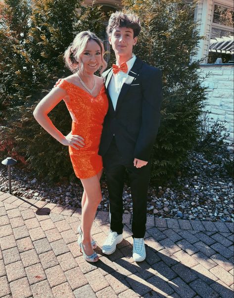 Orange Hoco Dress With Date, Orange Hoco Couple Outfits, Orange Homecoming Couple, Orange Hoco Couple, Hoco Dresses Orange, Hoco Couple Outfits, Hoco Couples, Orange Hoco Dress, Homecoming Couples Outfits