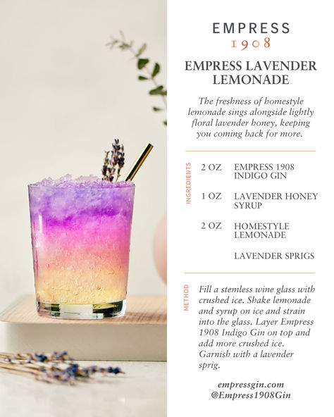 Embrace the zest of winter citrus with our Empress Lavender Lemonade! 🍋 Savor the vibrant blend of homestyle lemonade and delicate lavender honey—a delicious combination that leaves you craving more. Bridgerton Lemonade, Event Drinks, Gin Lemonade, Margarita Monday, Barista Recipe, Gin And Lemonade, Romantic Drinks, Empress 1908 Gin, Mobile Cocktail Bar