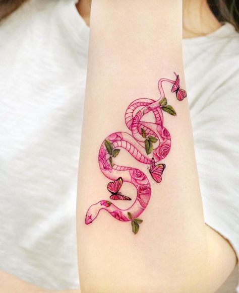 Pink Tattoo Ink, Artsy Tattoos, Black And White Snake, Snake Tattoos, Birthday Tattoo, Pink Tattoo, Snake Tattoo Design, Cute Little Tattoos, Tattoo Design Book